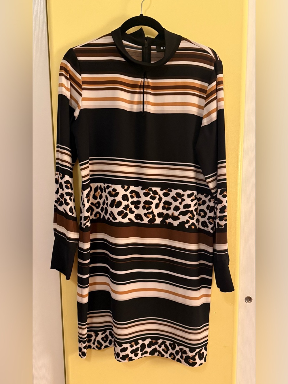 DKNY Black, Brown & White Striped Long-Sleeve Dress with Leopard Band